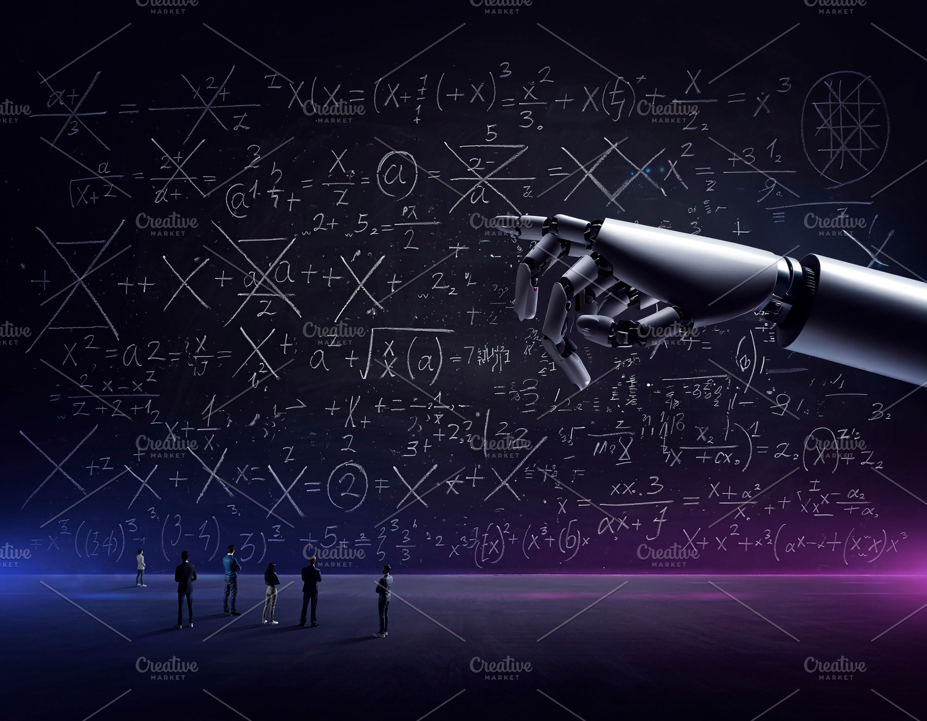Robotic hand solving complex mathematical equations, a Technology Photo by DanFLCreativo