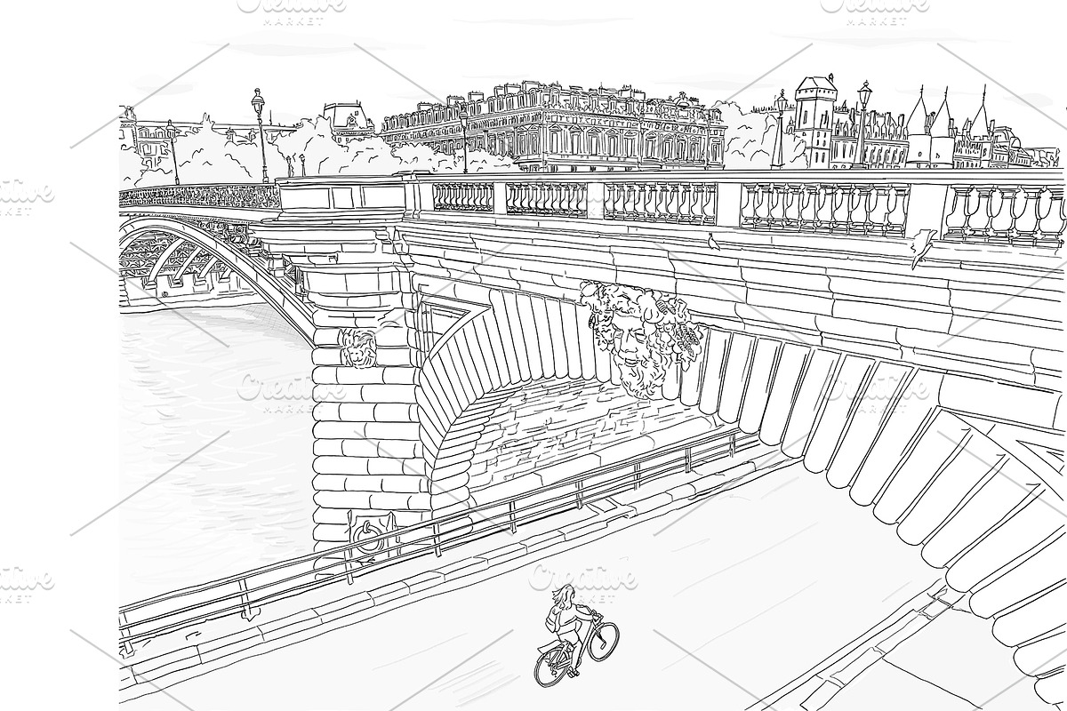 Paris Bridge River Seine Drawing, a Person Illustration by PageLightStudios (Photo 2 of 2)
