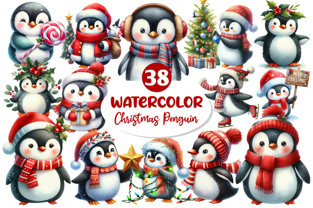Christmas Penguin Watercolor Clipart, an Illustration by Dream Creation (Photo 1 of 5)