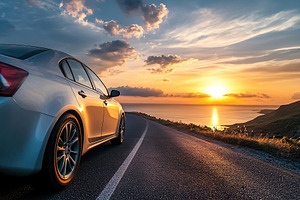 Driving on a scenic coastal highway at sunset with vibrant sky and calm sea, a Transportation Photo by AlyaAnd