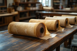 Rolls of parchment laid out in a wor, a Photo by Tanuart