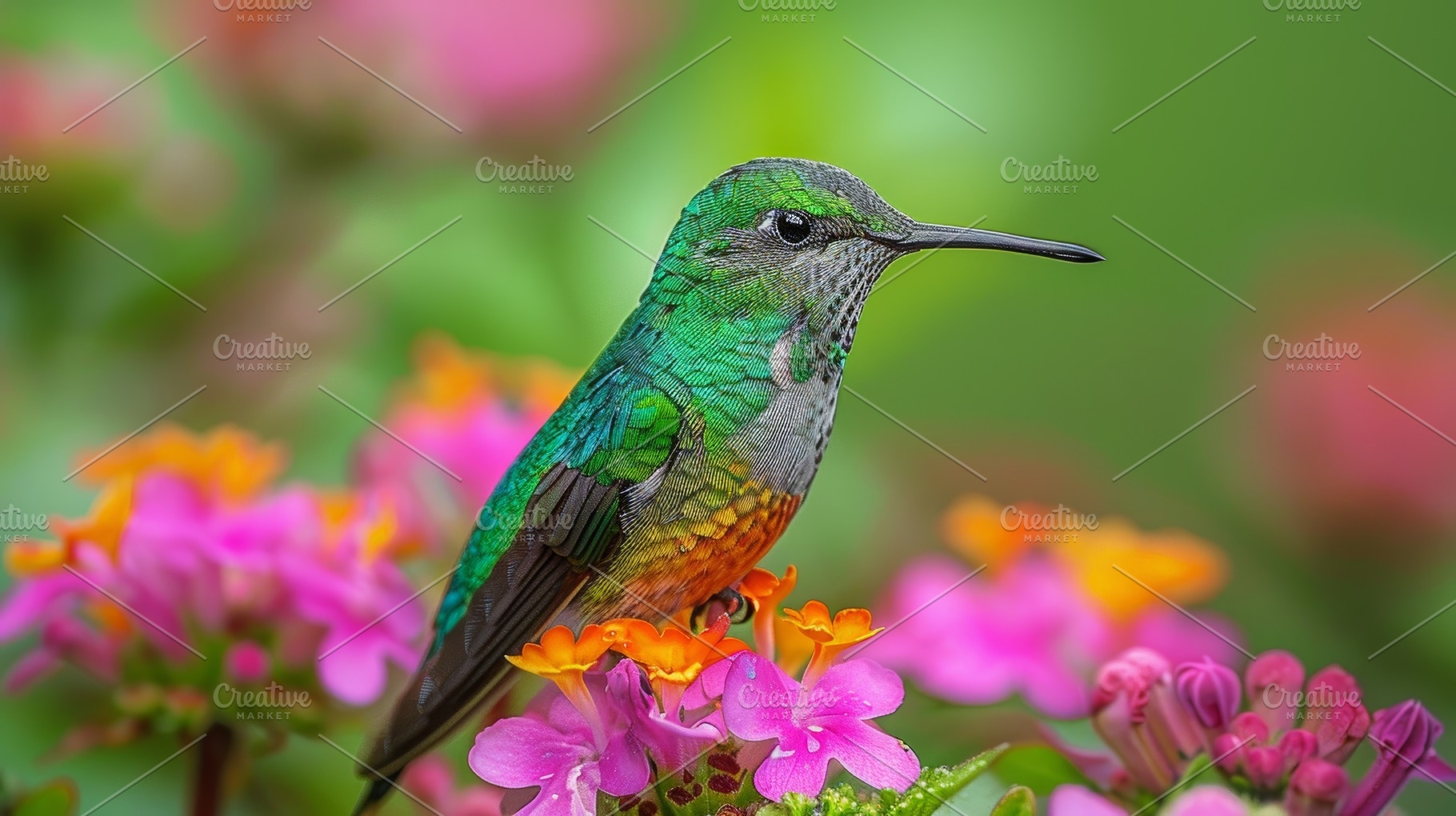 Vivid hummingbird perched on vibrant flowers in lush green surroundings, a Photo by AS photostudio