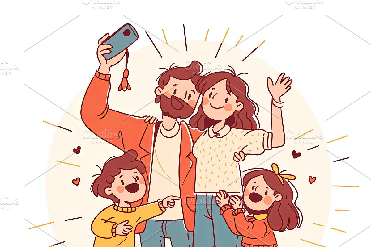 Happy family taking selfie together outdoors in cheerful illustration, an Illustration by AS photostudio