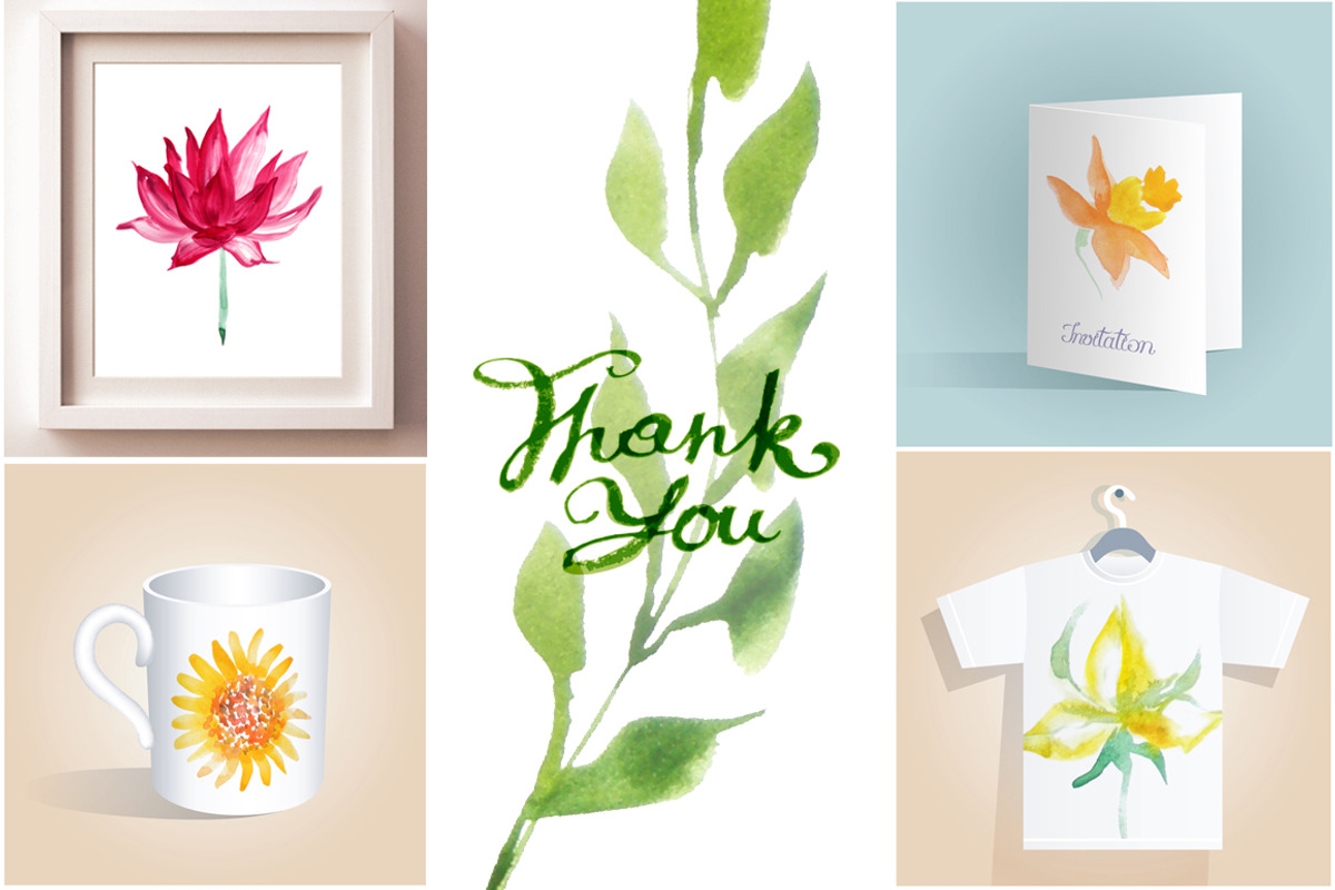 Watercolor Flowers And Leaves Set, an Illustration by KsanasK.Art (Photo 3 of 3)