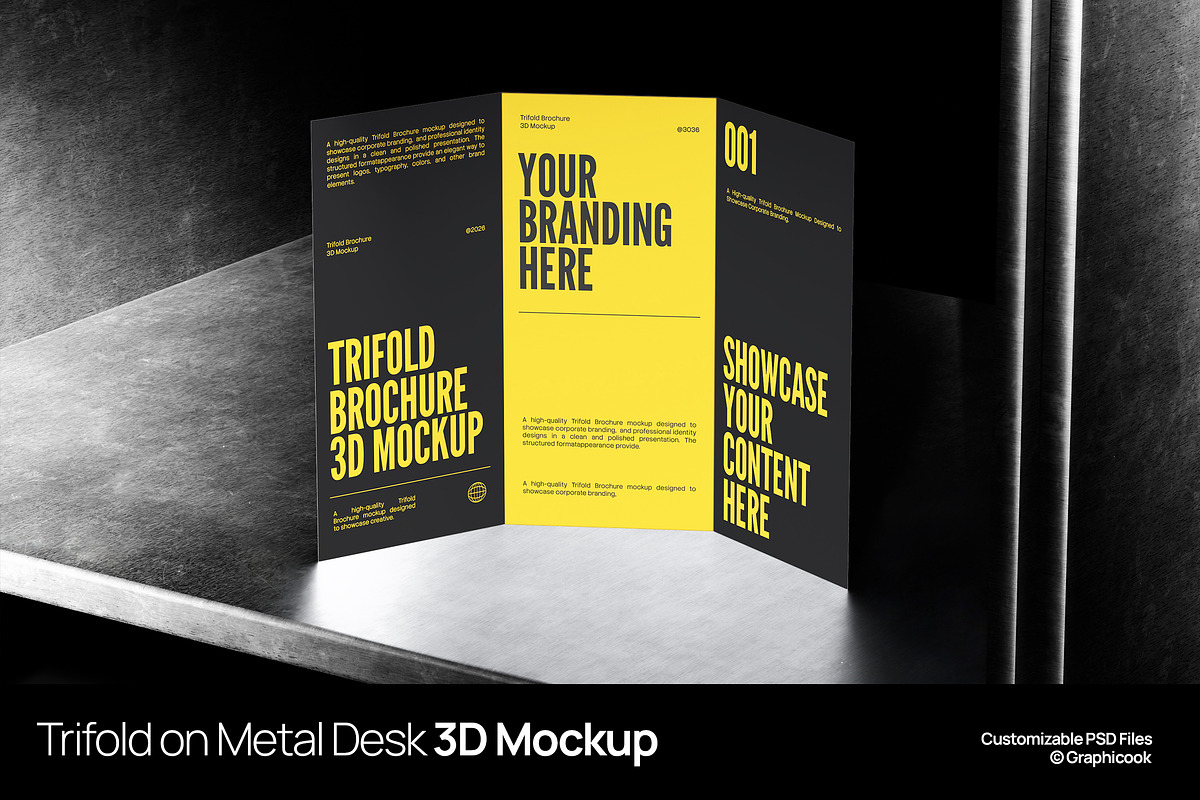 Trifold On Metal Desk 3D Mockup, an Advertising Mockup by graphicook (Photo 1 of 4)