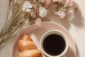 Cup of coffee and croissant, a Food & Drink Photo by MistyDay
