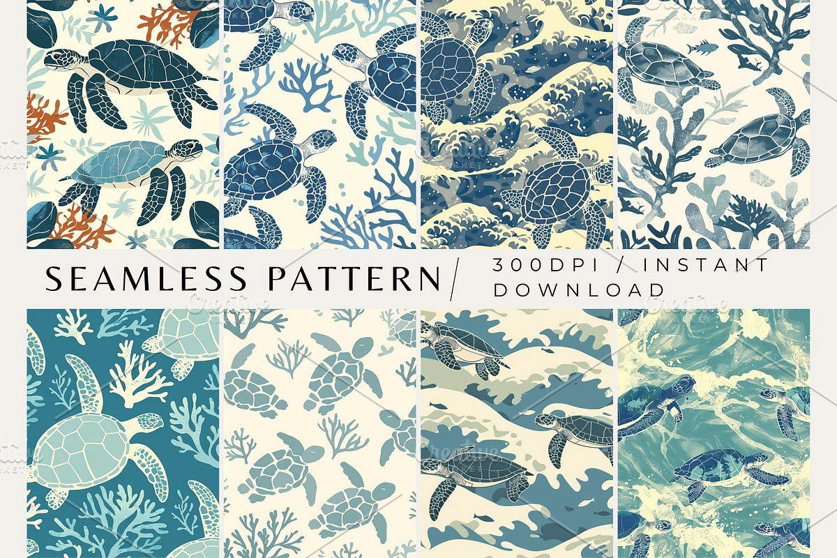 8 Sea Turtles Seamless Patterns, a Pattern Graphic by Inknfolly