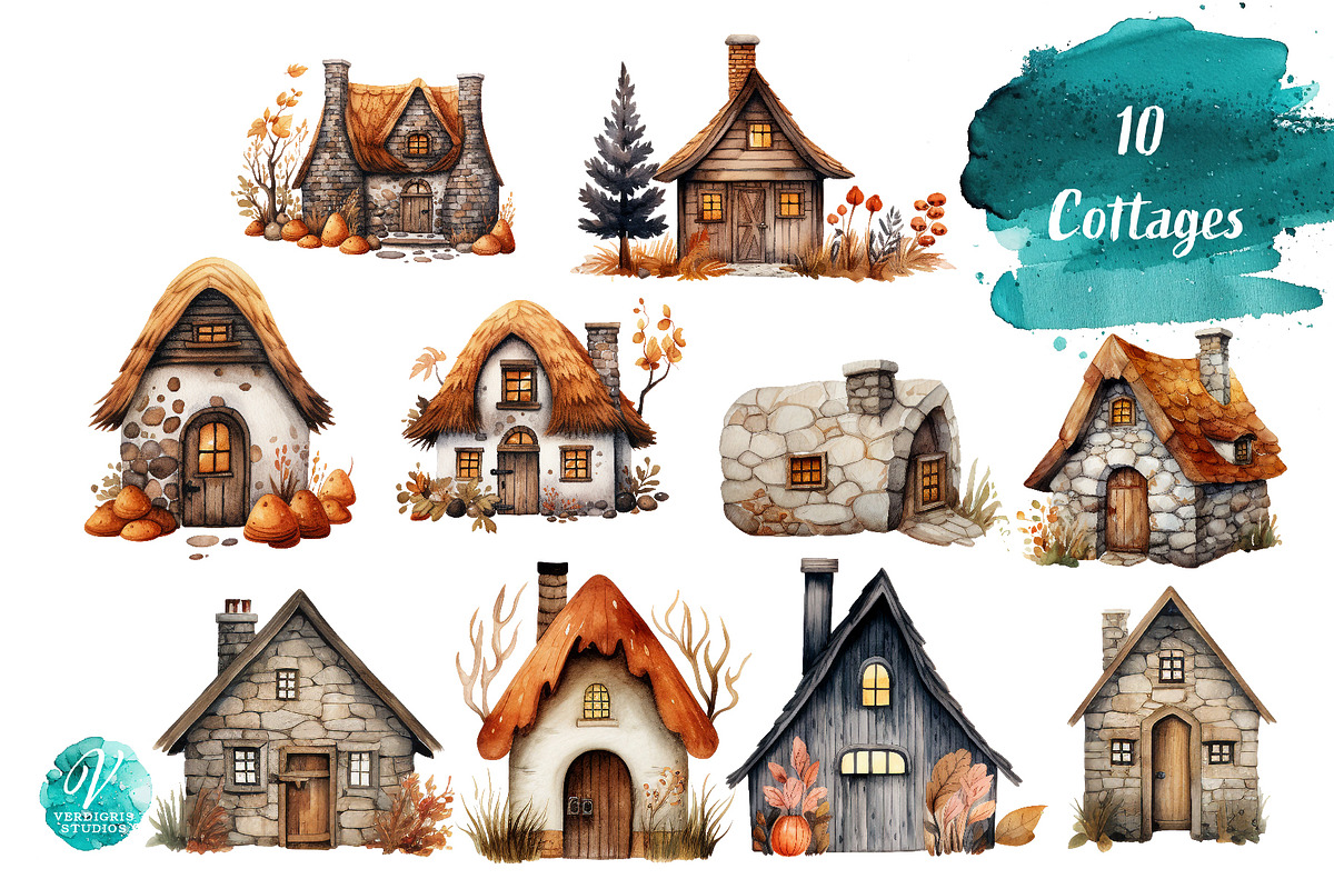 Autumn Cottages Watercolor, a Seasonal Illustration by Verdigris Studios (Photo 2 of 4)