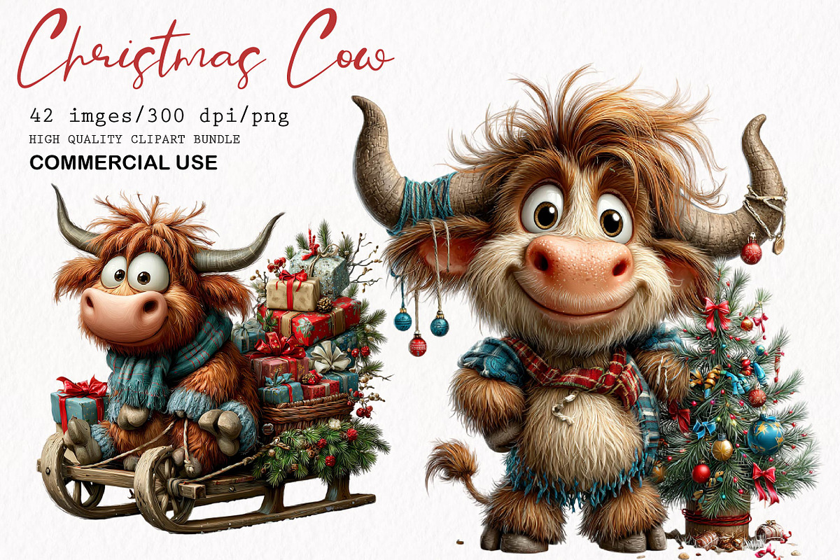 Christmas Highland Cow Clipart, a Seasonal Illustration by fashionaddict (Photo 1 of 7)