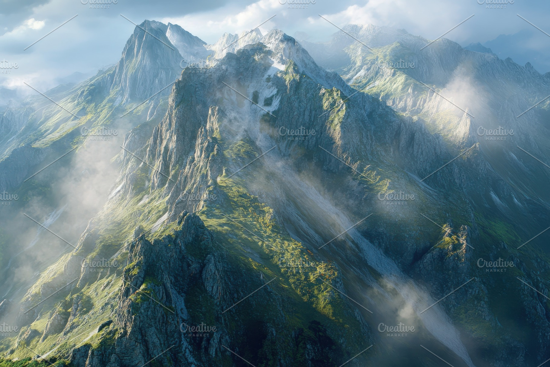 Majestic Mountain Range Sunrise Mist, a Photo by Pixeness Studio
