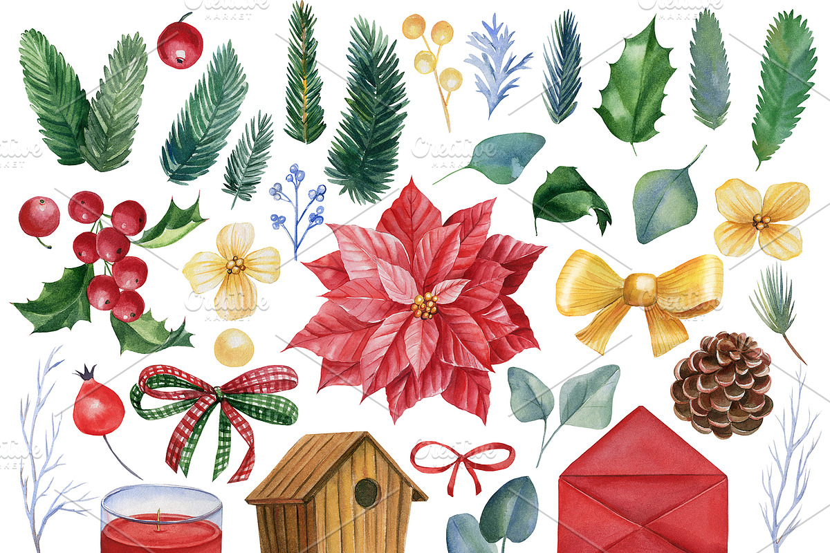 Christmas watercolor clipart, a Decorative Illustration by Hanna Hryharenka (Photo 14 of 19)