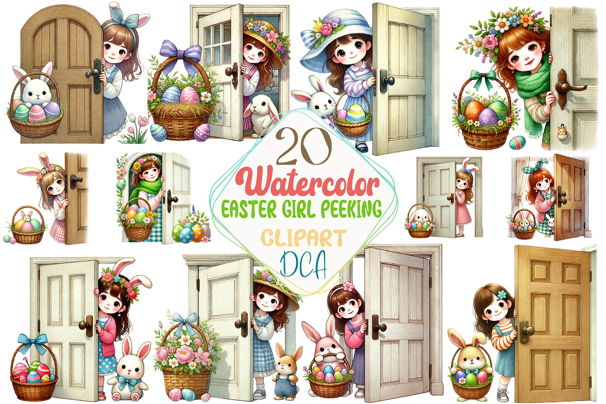 Watercolor Easter Girl Peeking Clipa, an Illustration by DreamCafeArt (Photo 1 of 3)
