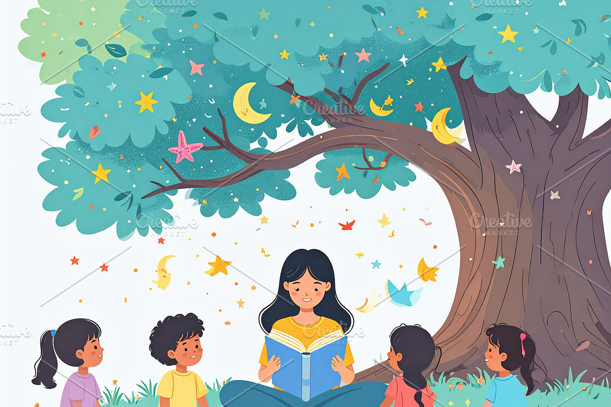 Adult reading a picture book to children on nature environment, a Person Illustration by DanFLCreativo