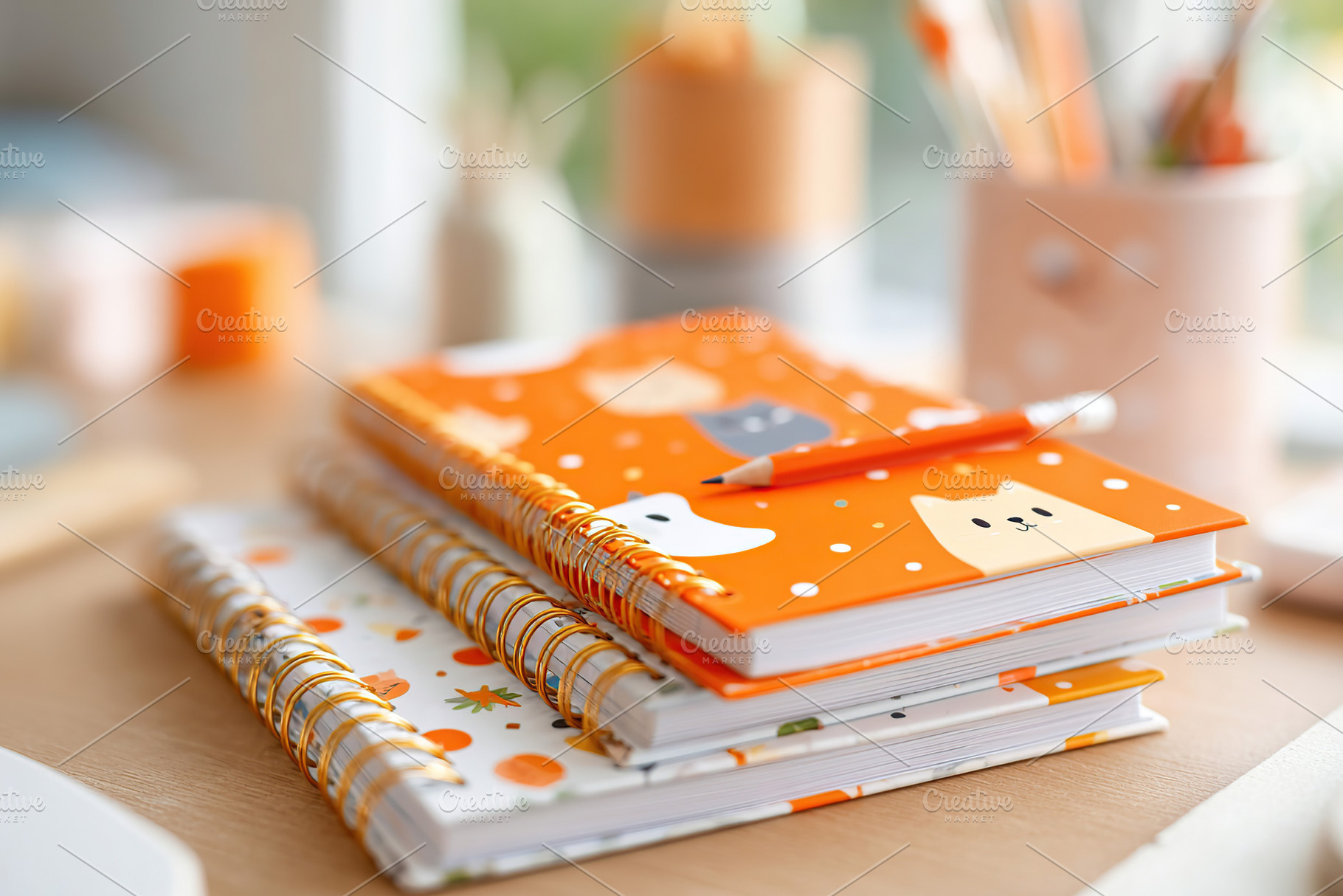 Colorful notebooks with playful designs on a bright workspace during daylight h, a Holiday Photo by AlyaAnd