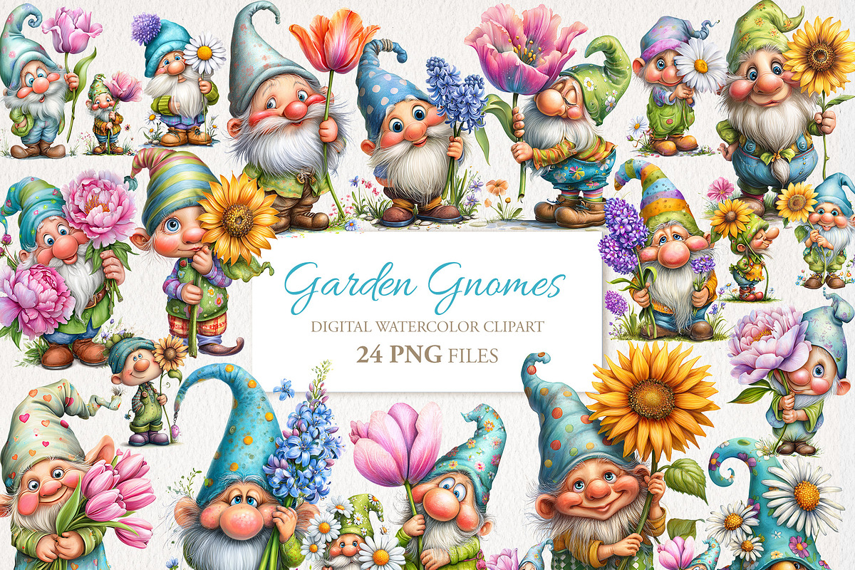 Garden Gnome with Flowers 24 PNG, a Seasonal Illustration by EleSArtDesign (Photo 1 of 4)