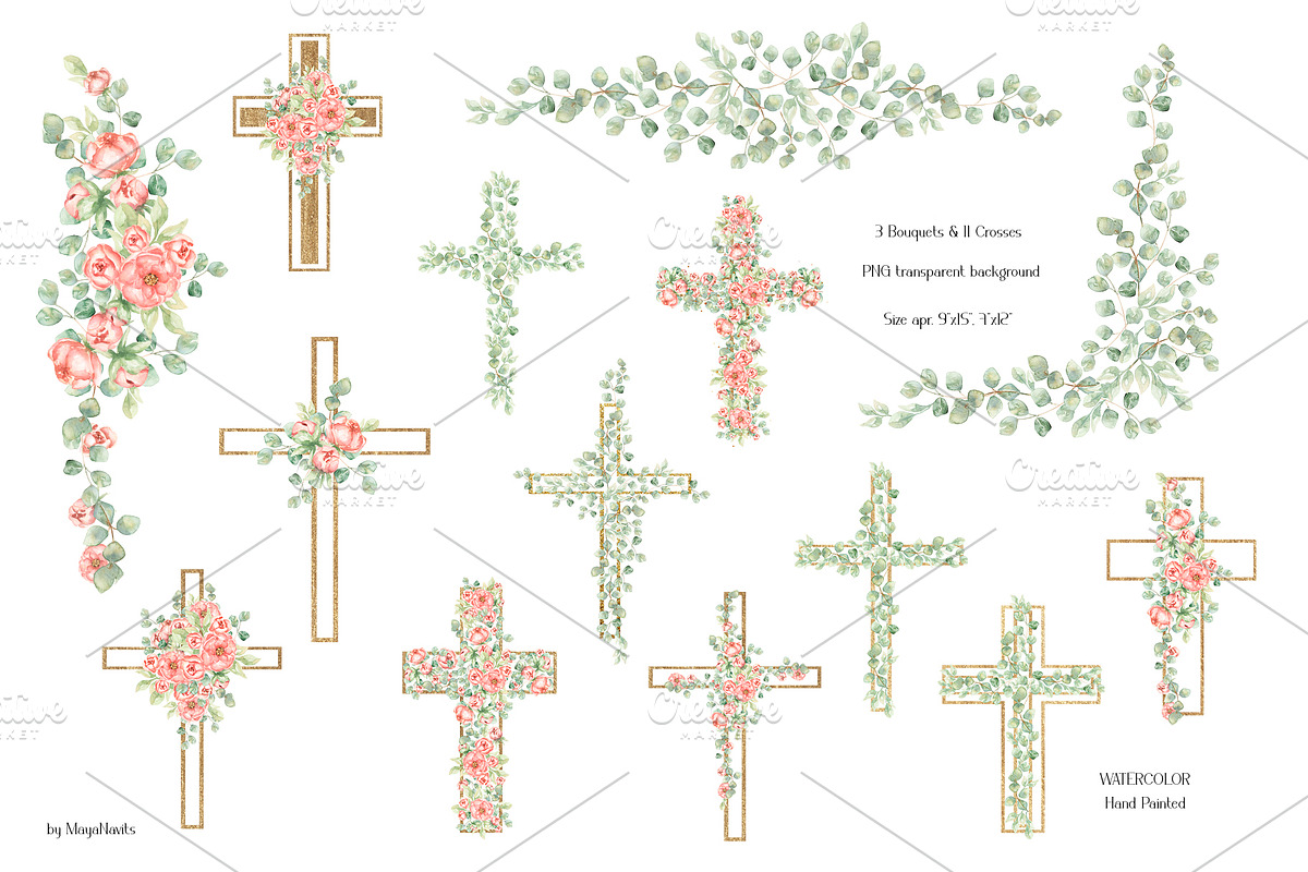 Watercolor Flowers & Greenery Cross, a Decorative Illustration by MayaNavits (Photo 3 of 8)