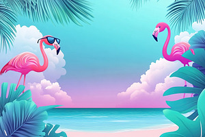 Bright summer vibes with flamingos enjoying a tropical beach setting at sunset, a Background Photo by AlyaAnd