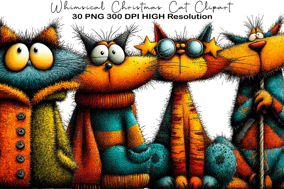 Whimsical Christmas Cat Clipart, an Illustration by Black Bird Studio (Photo 1 of 6)