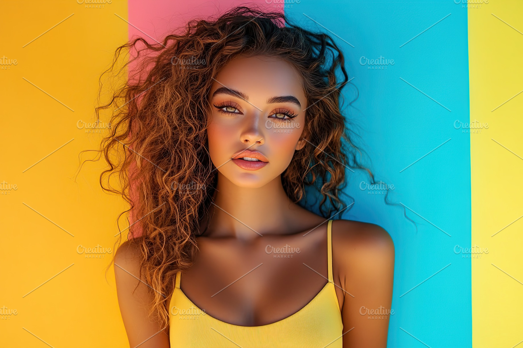 Woman with curly hair poses in colorful background during summer, a Person Photo by AlyaAnd