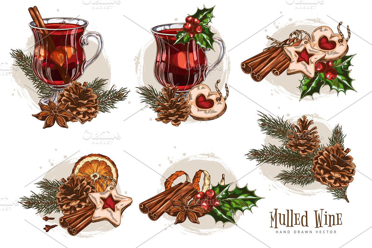 Set of elements with mulled wine, an Object Illustration by Sabelskaya