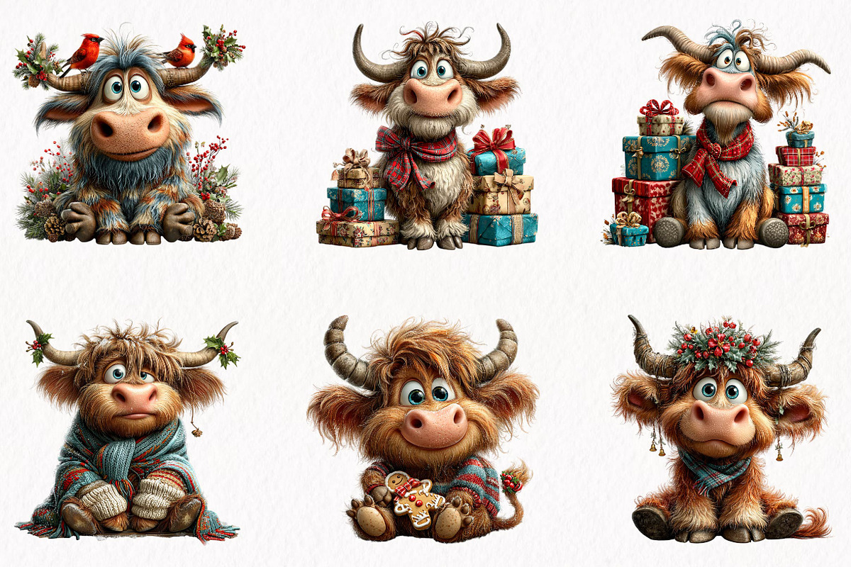 Christmas Highland Cow Clipart, a Seasonal Illustration by fashionaddict (Photo 3 of 7)