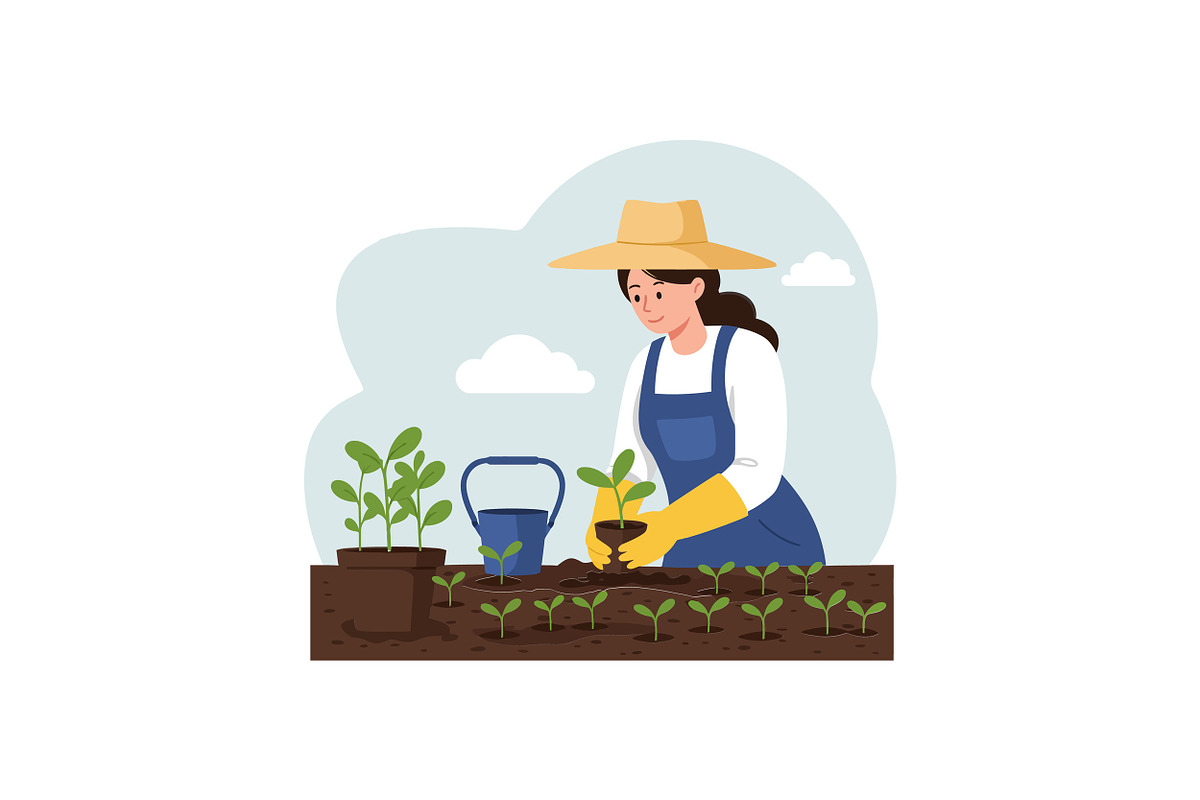 Woman in straw hat gardening and pla, an Illustration by designvectx