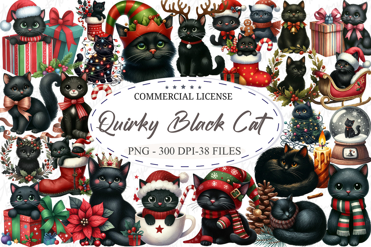 Quirky Christmas Black Cat Clipart, an Illustration by designcity5 (Photo 1 of 5)
