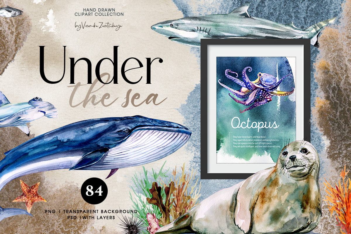 Ocean animals and fish clipart, a Pattern Graphic by ArtSpotVeronika (Photo 1 of 15)