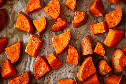 Homemade Roasted Sweet Potatoes, top view., a Food & Drink Photo by LiudmylaChuhunova