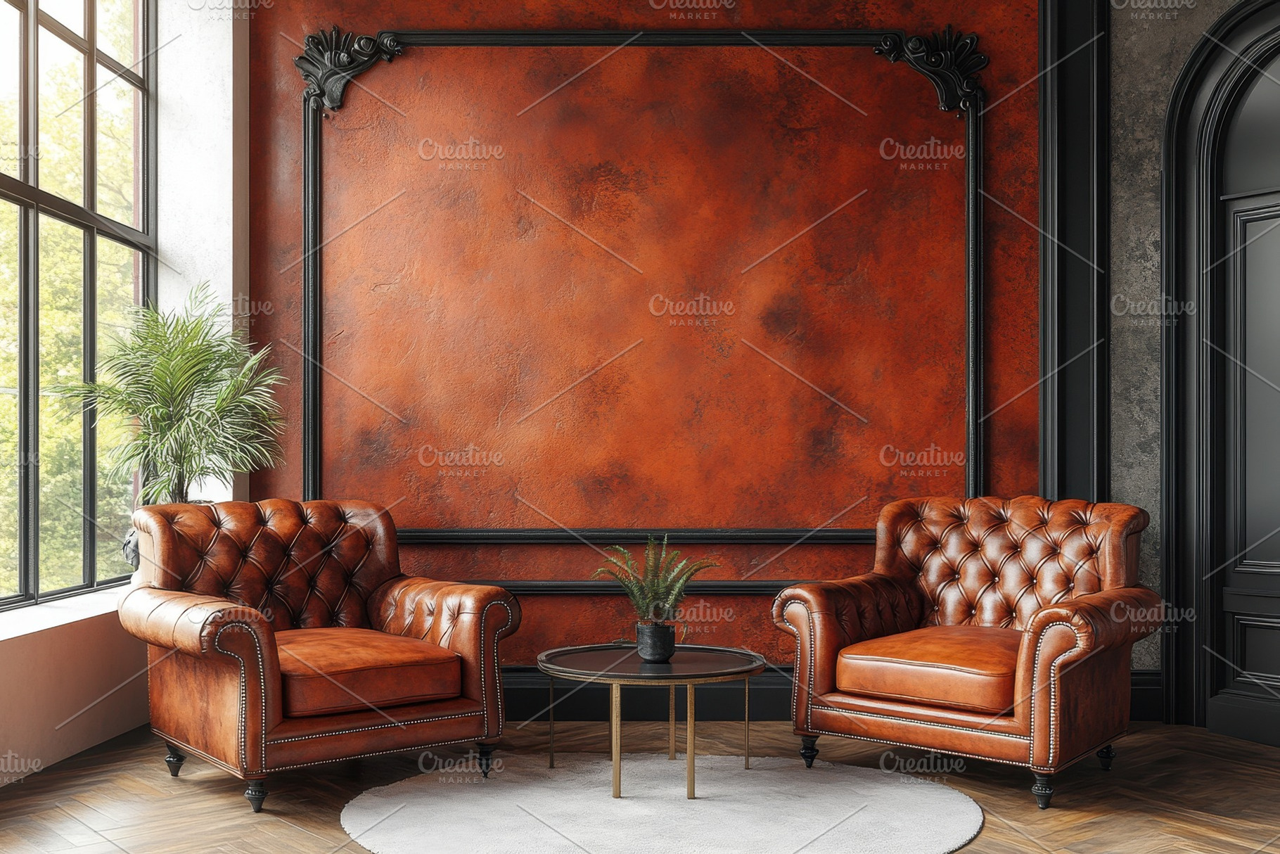 Cozy living room with leather chairs, a Photo by Tanuart