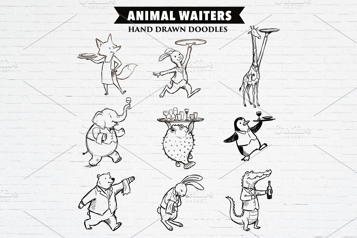 Funny Animal Waiters Bundle, an Animal Illustration by Guavanaboy (Photo 1 of 3)
