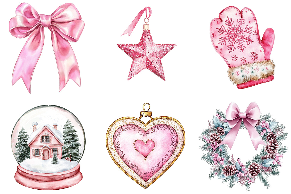 Watercolour Pink Christmas Clipart, a Seasonal Illustration by CitraGraphics (Photo 5 of 7)