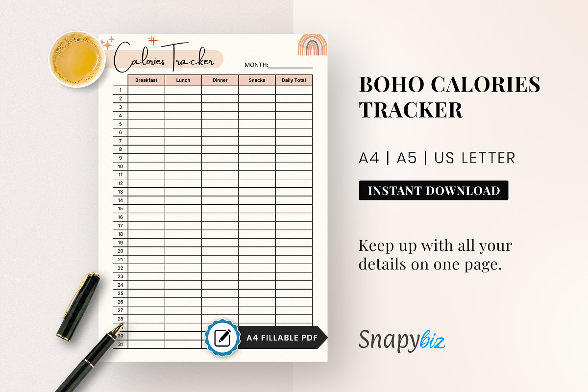 Calorie Tracker, Calorie Chart, a Print Template by Snapybiz