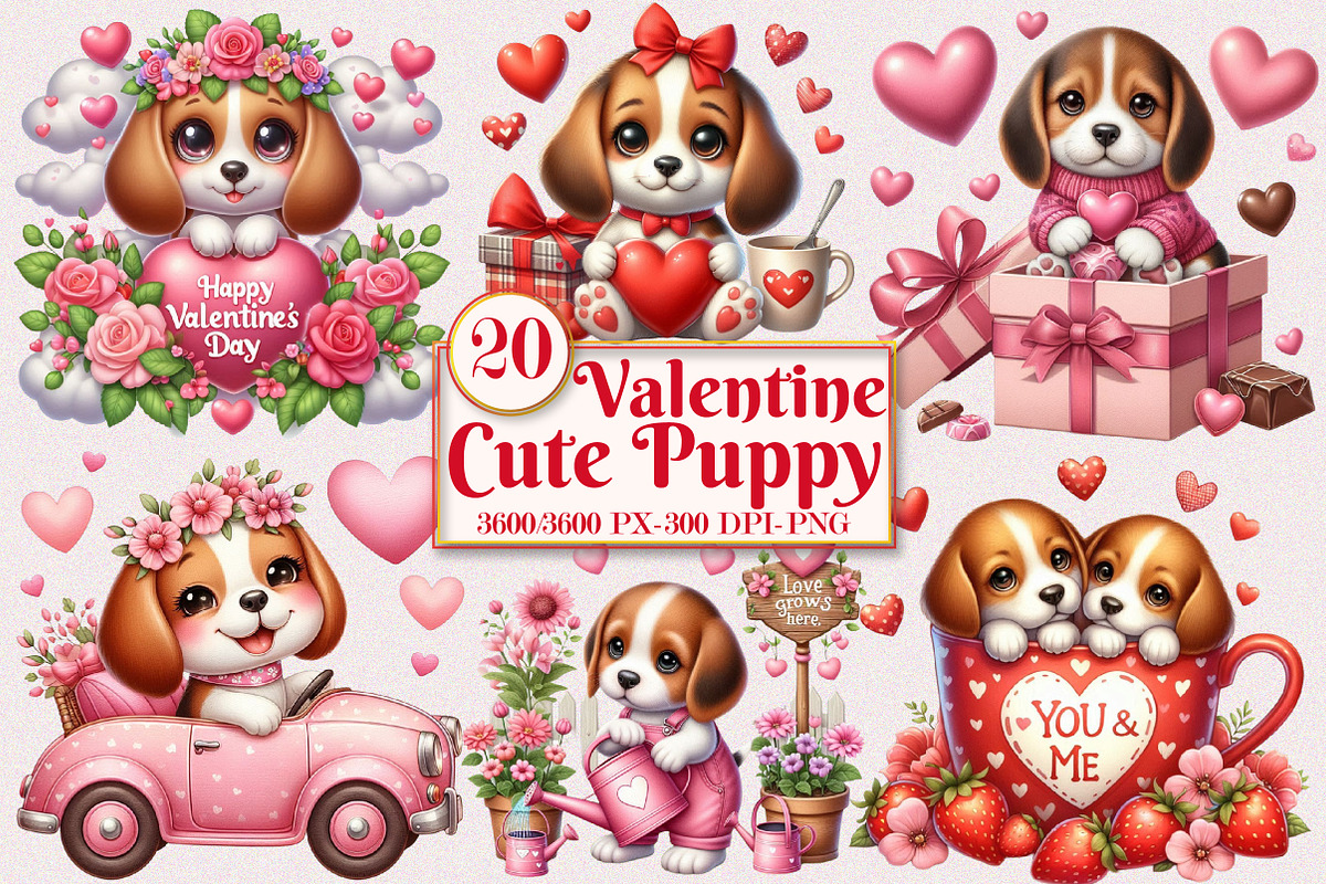 Valentine Cute Puppy Clipart Bundle, a Seasonal Illustration by Craft Nest (Photo 1 of 5)