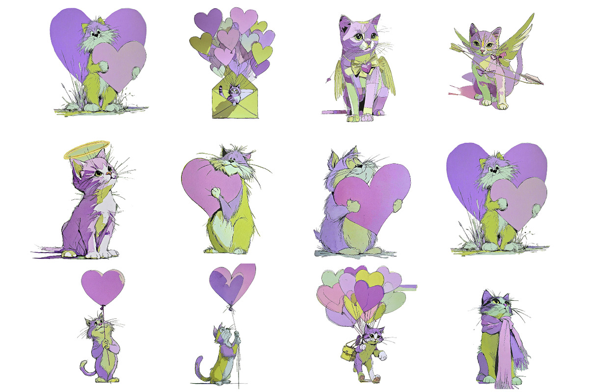 Whimsical Valentine Cats Clipart, an Illustration by DreamArtGraphic (Photo 3 of 4)