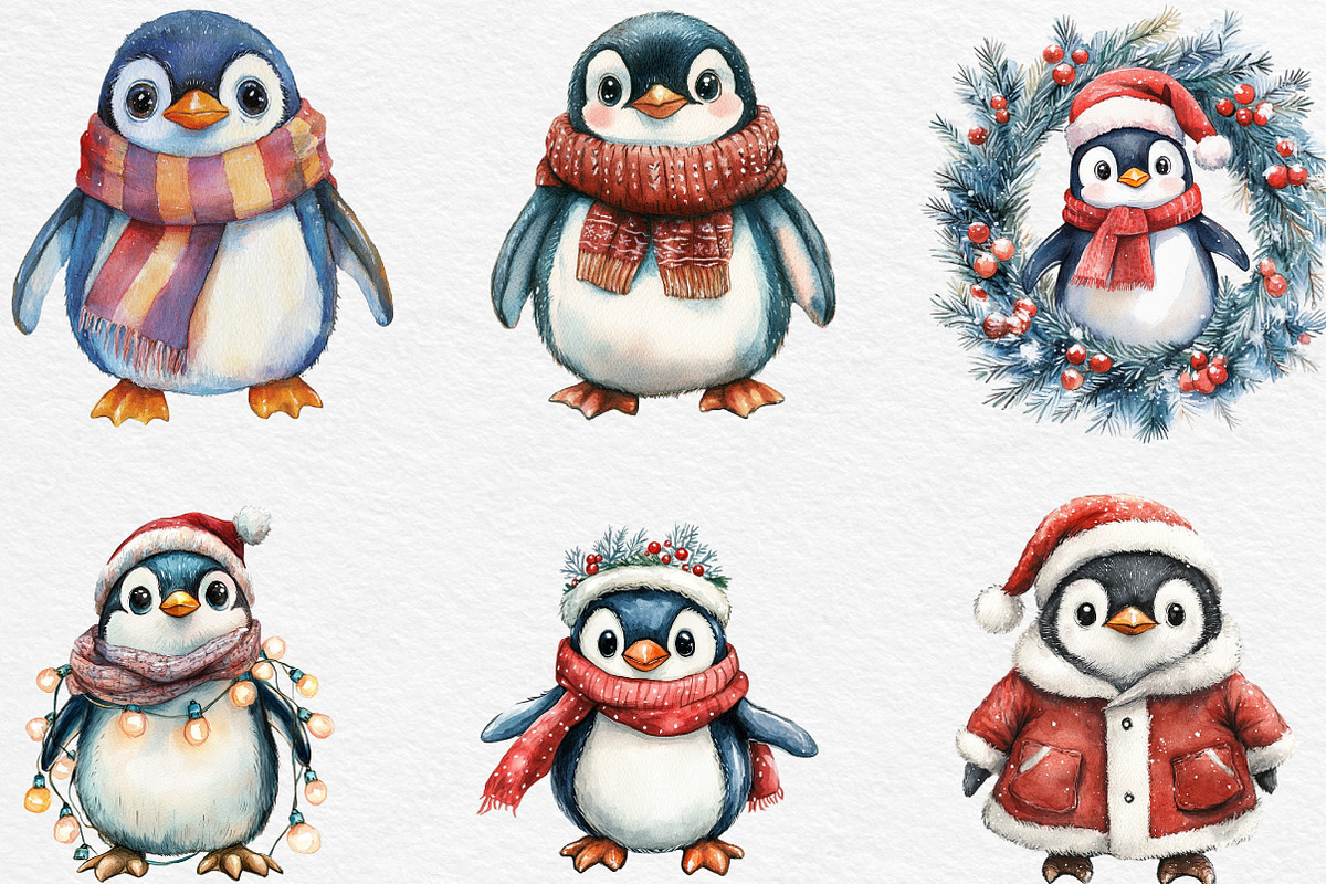 Christmas Penguin Watercolor Clipart, an Illustration by Black Bird Studio (Photo 4 of 6)