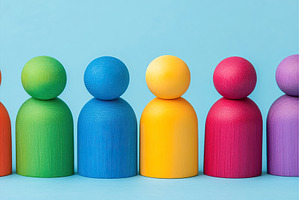Colorful Wooden Figurines in a Row, a Background Photo by Lermont51