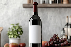 Wine bottle on wooden table with grapes and shelves in the background, a Food & Drink Photo by AlyaAnd