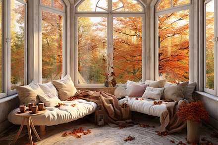 Scandinavia interior with big windows and autumn season. Generative AI, an Arts & Entertainment Photo by AlyaAnd