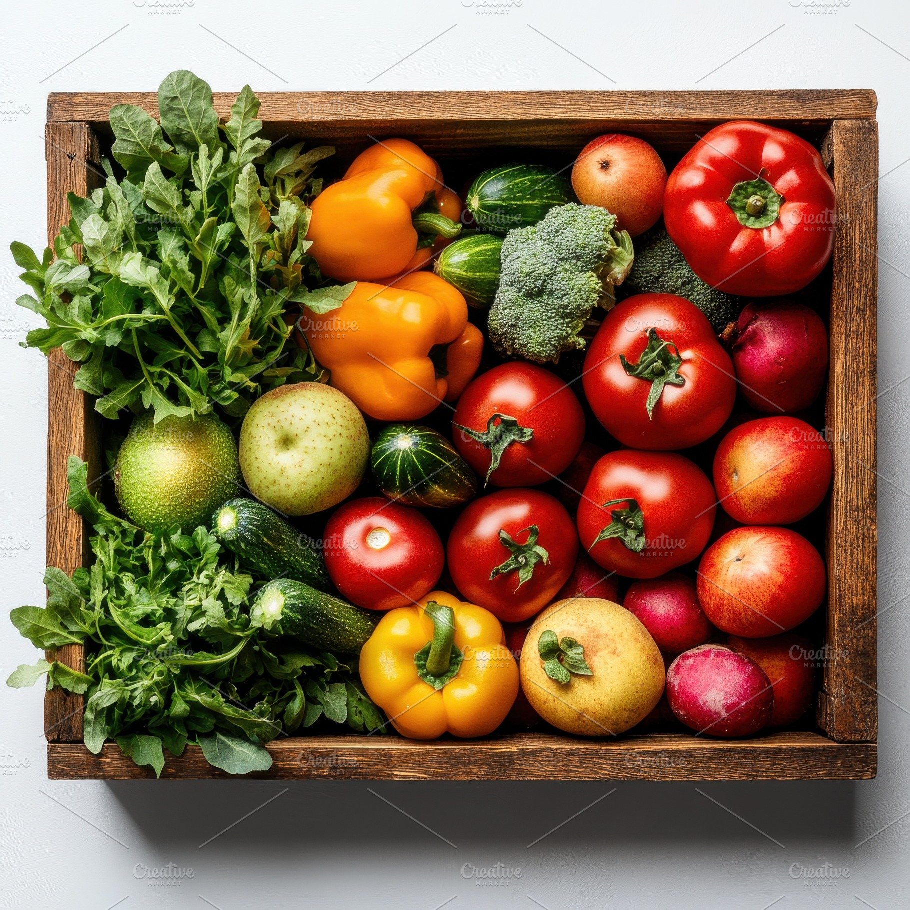 Wooden box with fresh vegetables and, a Food & Drink Photo by Pixeness Studio