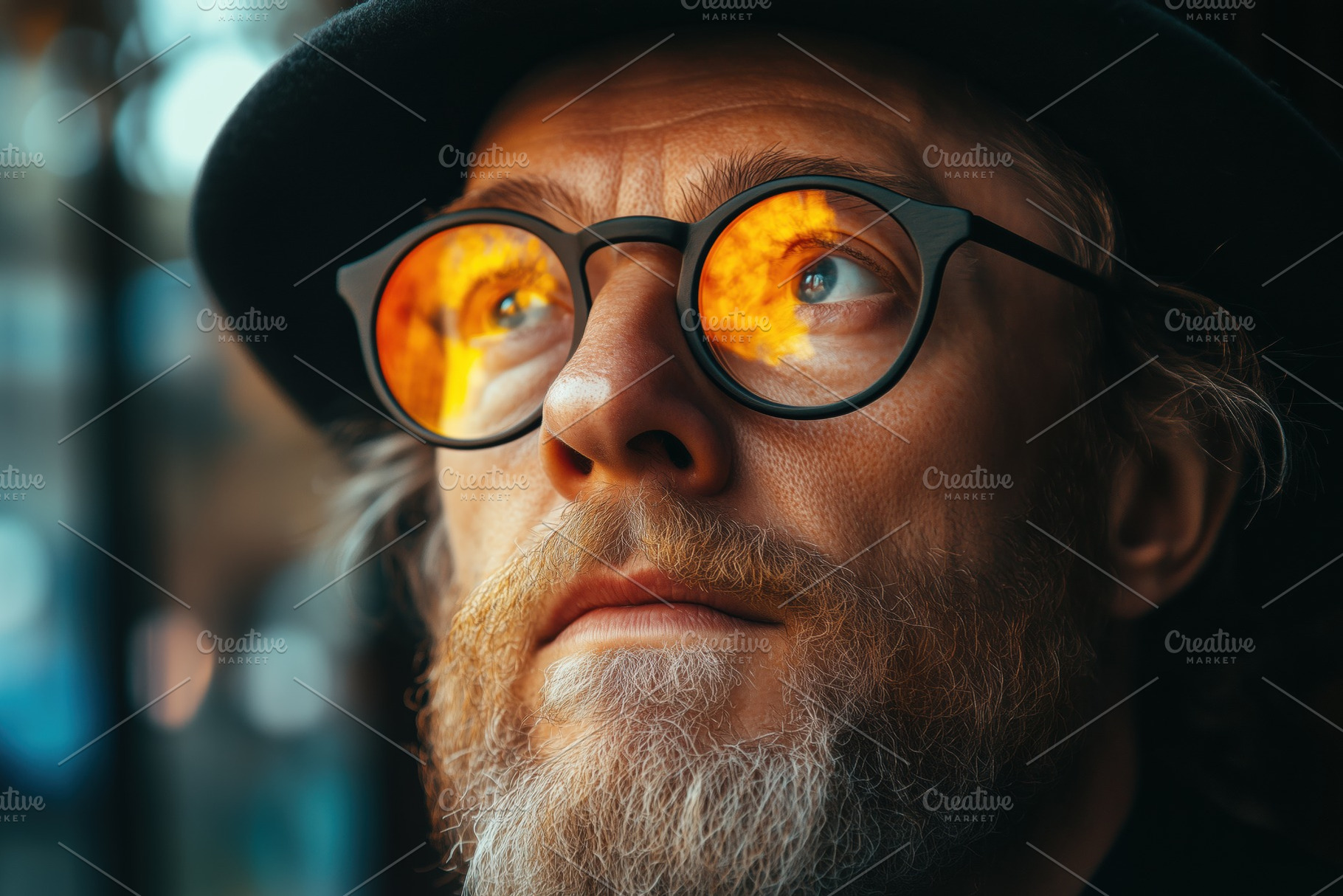 A close-up portrait of a psycholinguist man with glasses reflecting a fiery glo, a Person Photo by Textures & Backgrounds