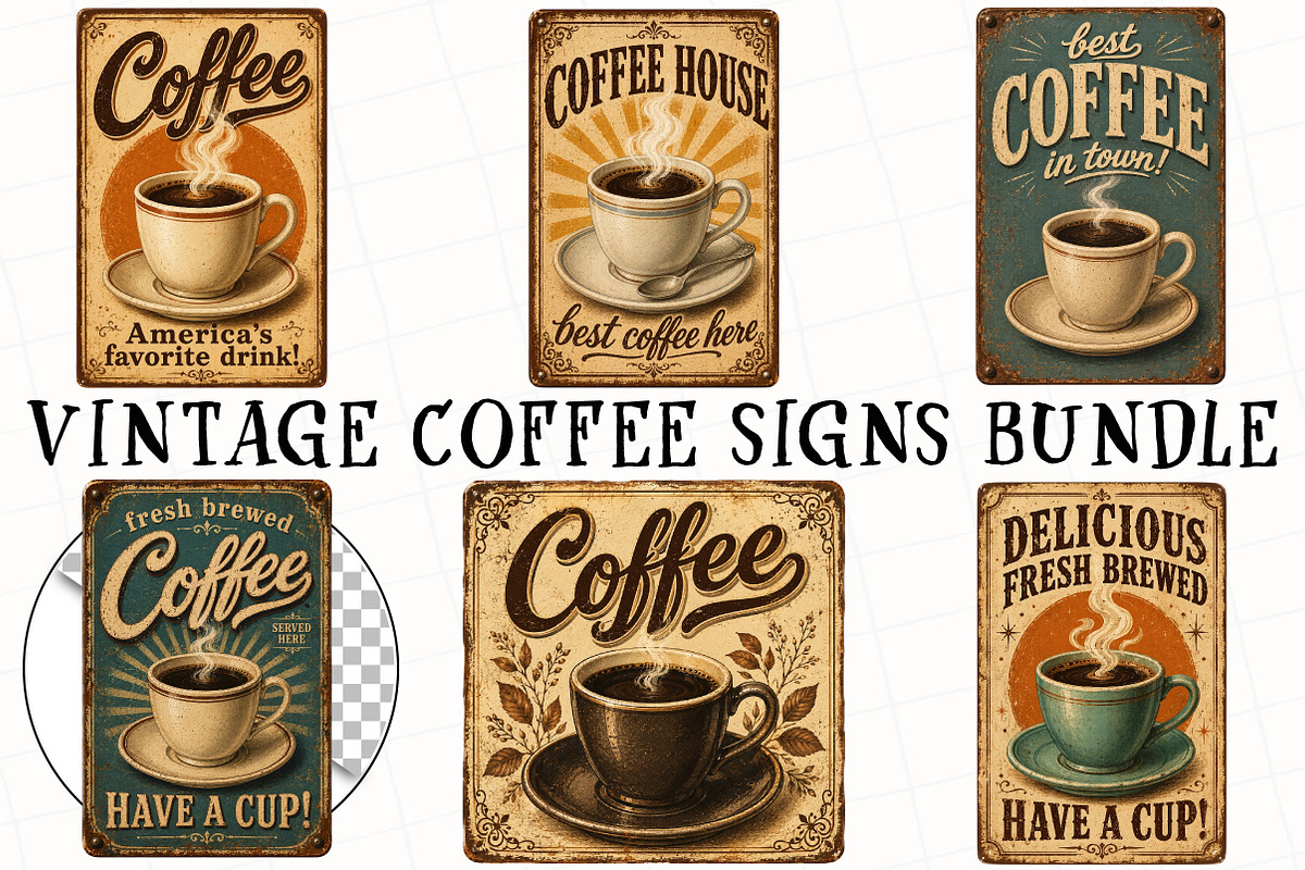 Vintage Coffee Signs Bundle PNG, a Seasonal Illustration by OK Design (Photo 2 of 6)