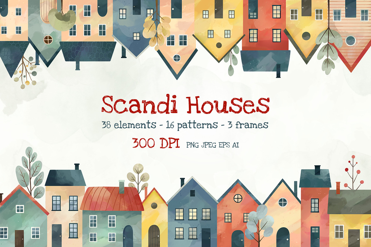 Scandi Houses Watercolor Clipart Set, an Illustration by Hanna's ArtLab (Photo 1 of 8)
