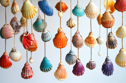 Colorful seashells hanging on string, a Photo by Iftikhar Alam