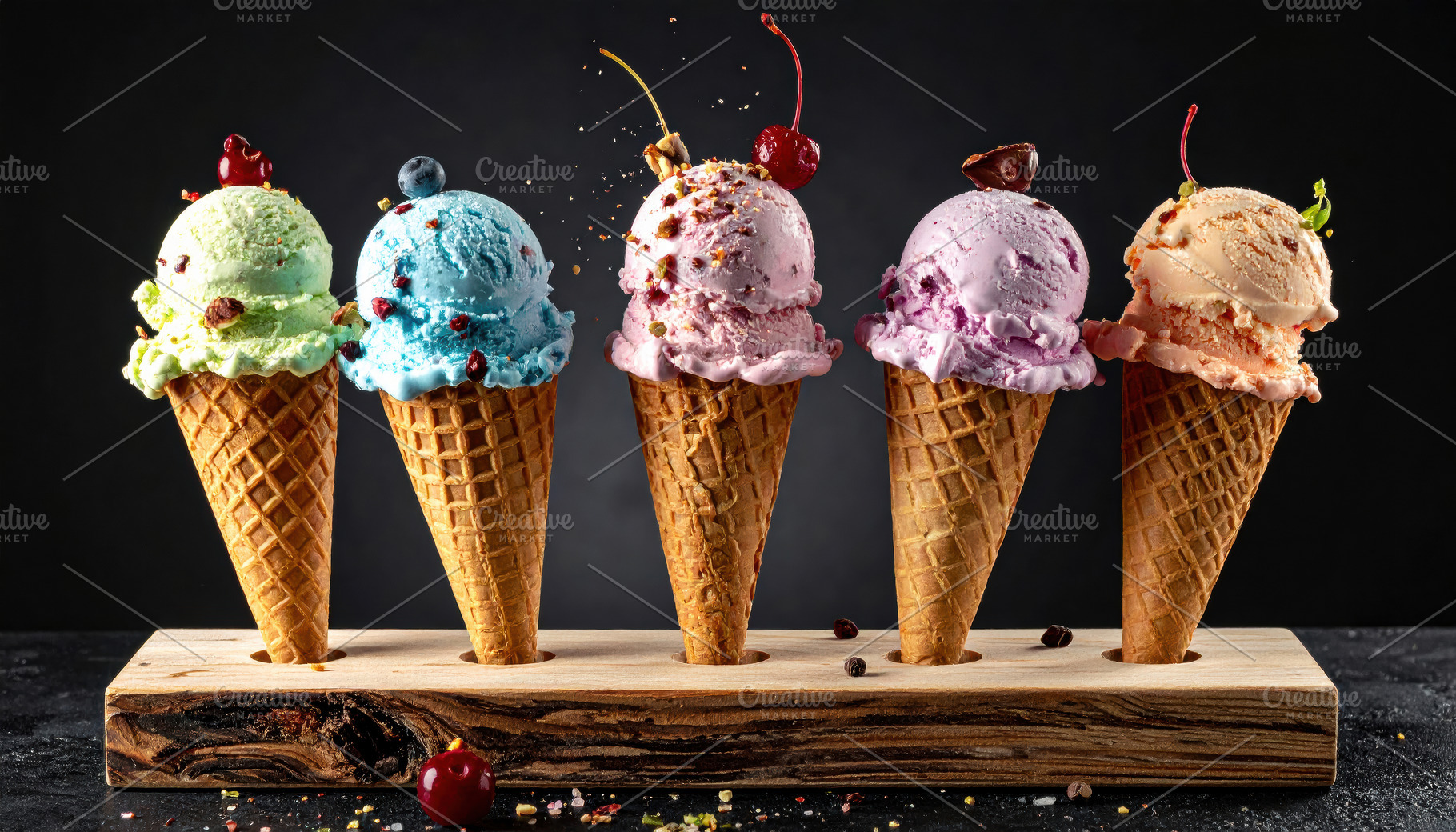Colorful Ice Cream Cones in Wooden Stand, a Food & Drink Photo by Davizro's Market