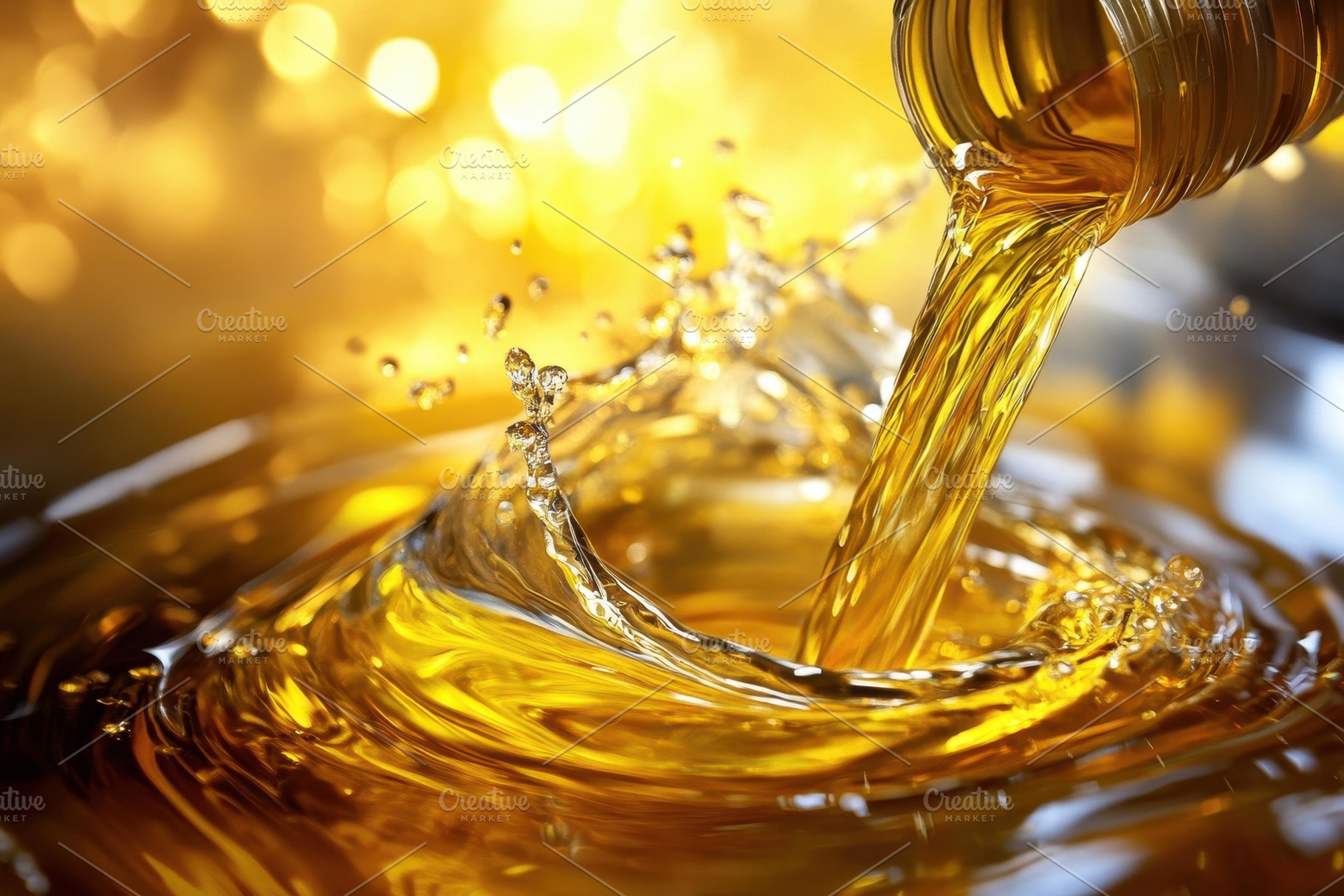 Bright golden liquid flows into a po, a Photo by Tanuart