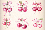 Watercolor Coquette Cherries Bow Cli, an Illustration by CreationArt (Thumbnail 2 of 5)