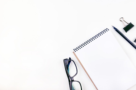 Empty notebook, pen and eyeglasses on white background., a School & Education Photo by vimart