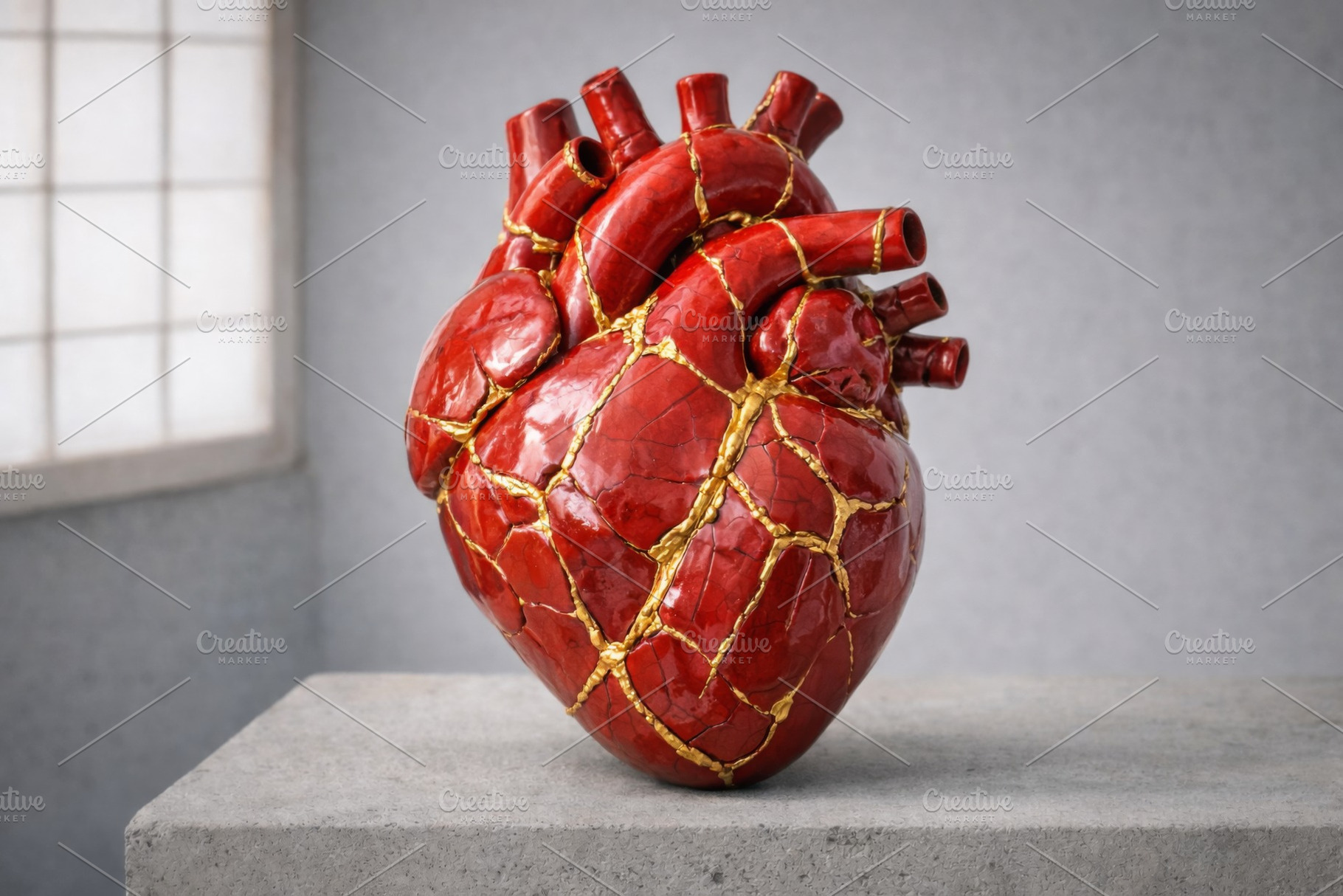 Heart kintsugi concept on concrete s, a Photo by Dvoevnore photos