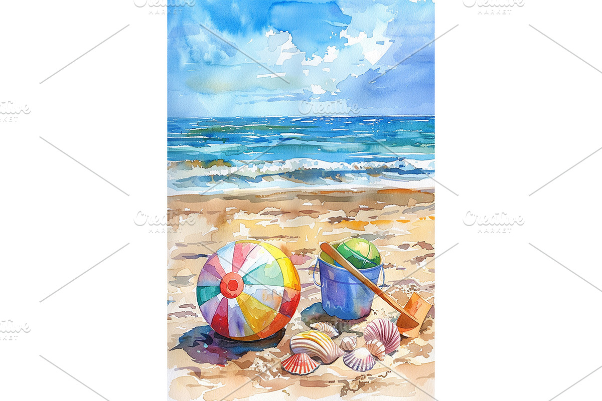 Beach Ball and Bucket Watercolor Art, a Decorative Illustration by Art Paradise Studios